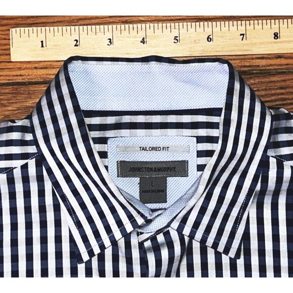 Johnston & Murphy Men's Large Tailored Fit Blue & White Plaid Button Down Shirt - Picture 2 of 5